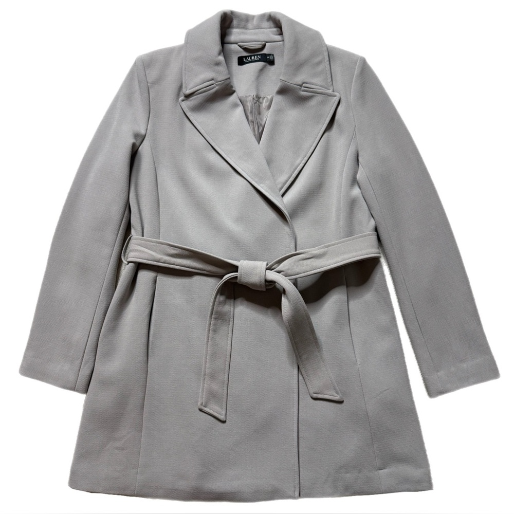 Lauren Ralph Lauren Grey Gabardine Crepe Wrap Belted Short Trench Coat M